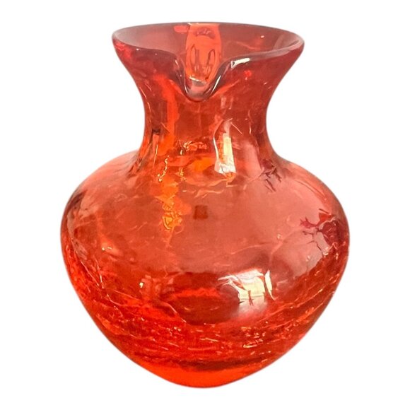 Vintage Crackled Red Art Glass Small Pitcher With Clear Handle And Rim 3.5" Tall - Picture 2 of 6